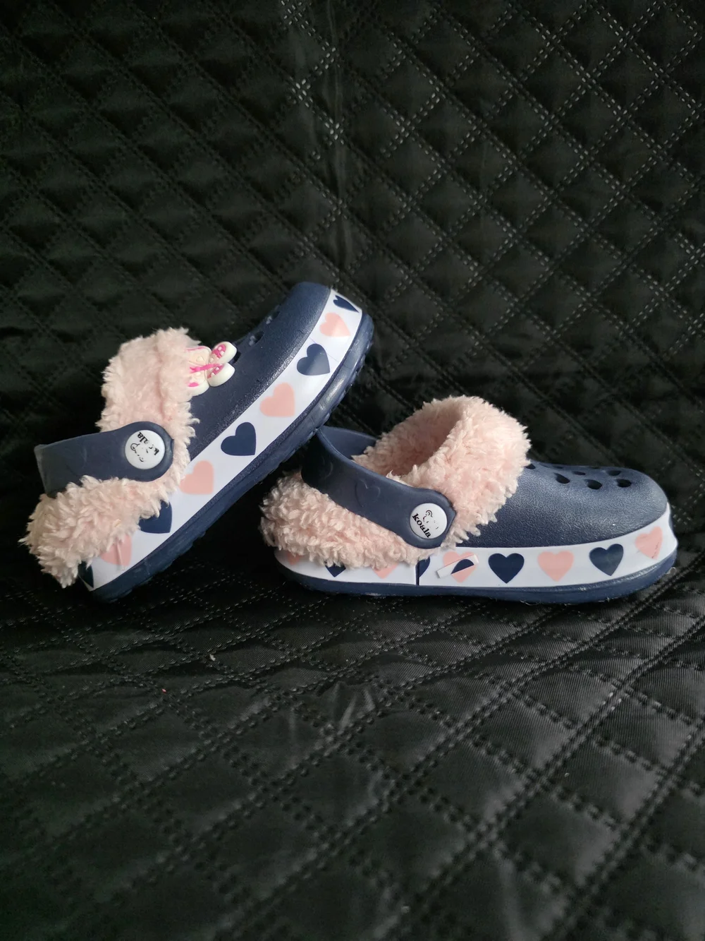 Koala Kids Navy Blue Clogs with Pink Fur and Heart Trim